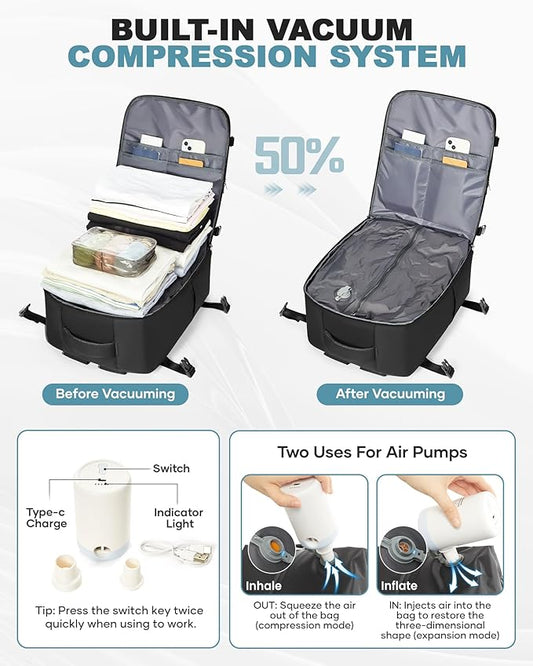 coofay Large Vacuum Backpack Travel with Pump Vacpack Travel Backpack with Vacuum System Compression Backpacks for Travel Easy Vac Pack Carry on Luggage