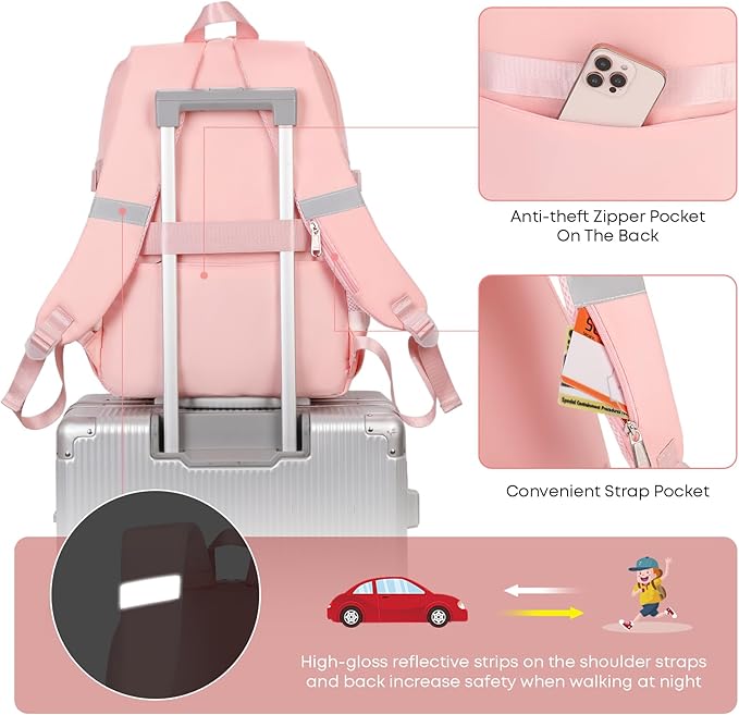 3PCS Backpack For School Women College Middle High Teen Girls Student Bookbag Waterproof Laptop Bag Plaid Pink