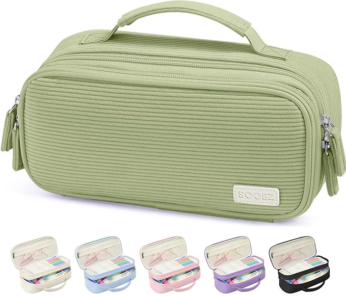 Sooez Large Pencil Case Pouch, Soft Corduroy Pencil Bag with Handle, Cute Pen Case, 5 Compartments, Wide Opening Pen Pouch Organizer with Zipper, Aesthetic School Supplies for Girls Women, Green