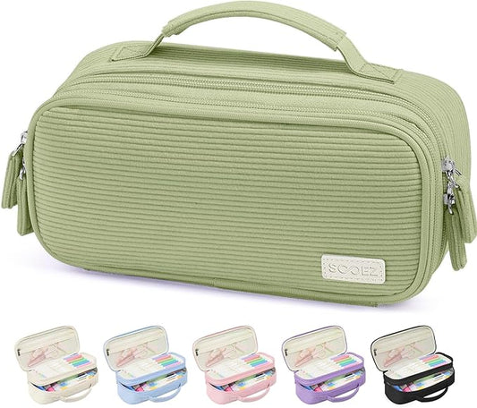 Sooez Large Pencil Case Pouch, Soft Corduroy Pencil Bag with Handle, Cute Pen Case, 5 Compartments, Wide Opening Pen Pouch Organizer with Zipper, Aesthetic School Supplies for Girls Women, Green
