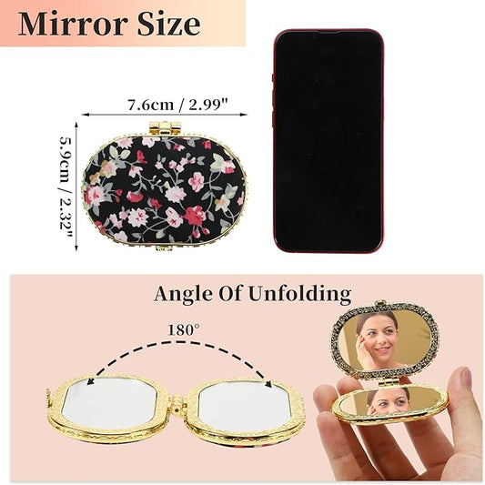 VOCOSTE Compact Mirror for Purses - Flower Pocket, Oval Mini, Floral Small, Vintage Folding, Travel Portable for Women, Black