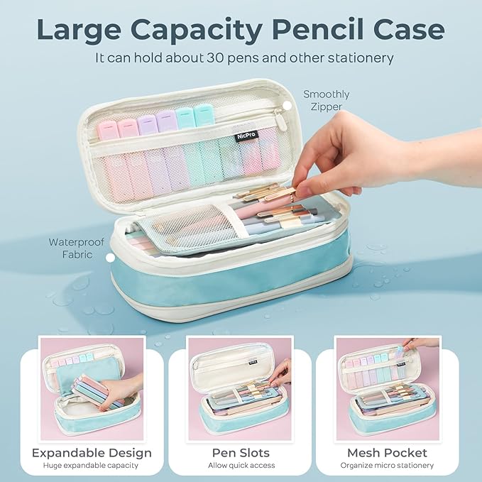 Nicpro 39 PCS Aesthetic School Supplies with Cute Pencil Case, 12 Pastel Highlighters, 5 Black Gel Pens for School, 6 Mechanical Pencils Set 0.5 & 0.7mm for Student Stationary College Essentials(Blue)