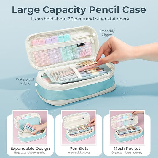 Nicpro 39 PCS Aesthetic School Supplies with Cute Pencil Case, 12 Pastel Highlighters, 5 Black Gel Pens for School, 6 Mechanical Pencils Set 0.5 & 0.7mm for Student Stationary College Essentials(Blue)