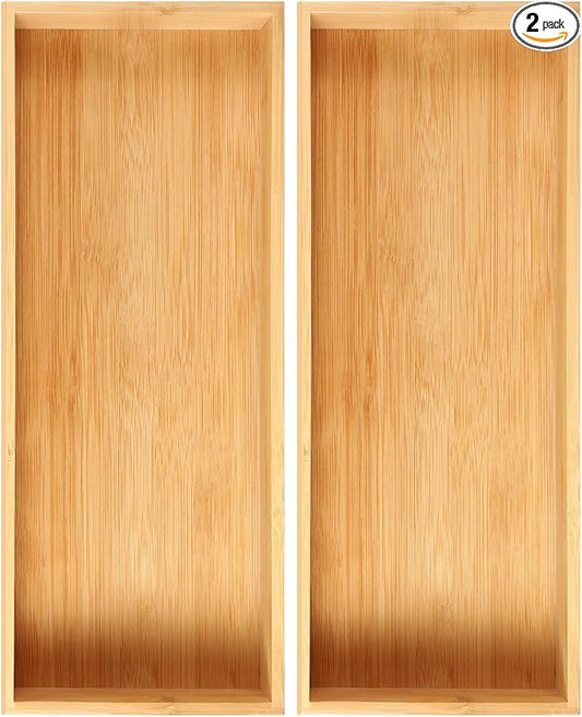 Fabsome Kitchen Utensil Drawer Organizer, Bamboo Silverware Cutlery Flatware Organizer Bins, Wooden Container Storage Trays for Bathroom Vanity Junk Drawer, 15" x 6" Set of 2