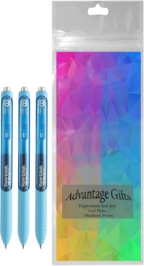 Paper Mate InkJoy Gel Pens, Bright Blue Ink, Medium Point (0.7mm), 3 Count, Bundle with Plastic Reusable Pouch