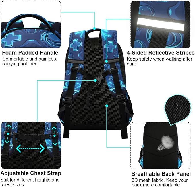 Joystick Video Game Blue Flame Backpack for Boys Girls Elementary School Bag Kids Bookbag Travel Rucksack