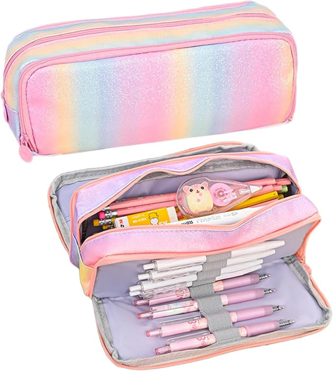Glitter Rainbow Pencil Case for Girls, Large Capacity Pencil Pouch Pen Bag Organizer with 3 Compartments for Kids Student School Office Supplies, Cute Pencil Holder Pen Box Stationary Bag