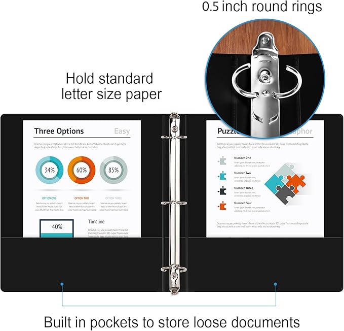 COMIX Sturdy 3 Ring Binder 0.5 inch with Clear View Cover, 1/2" Round Ring View Binder, PVC-Free, 100 Sheets Capacity of US Letter Size Paper, Office ＆ School Supplies, Pack of 12 (Black)