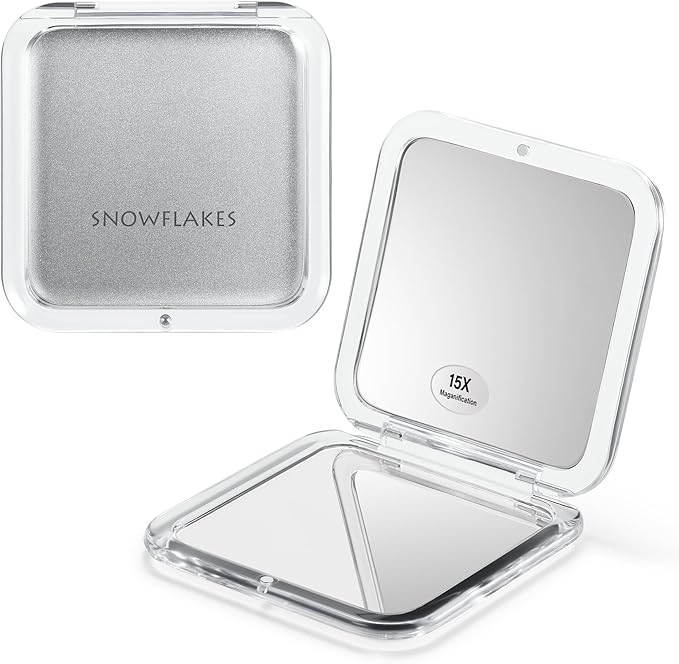 Compact Travel Magnifying Mirror - Snowflakes Small Pocket Mirror -1x/15x Magnification Cosmetic Mirrors Handheld Portable for Travel and Purses (Silver)