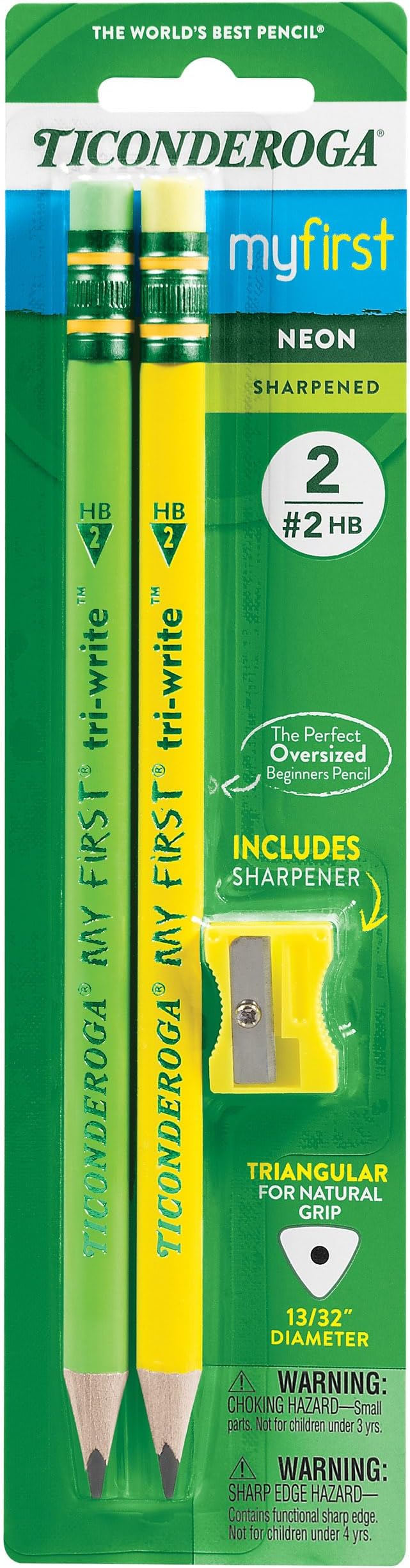 Ticonderoga My First Tri-Write Wood-Cased Pencils with Sharpener, Pre-Sharpened, 2 HB, With Erasers, Neon Colors, 2 Count, 6 Packs