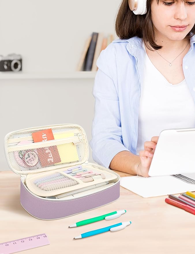 SUNEE Cute Pencil Case, Aesthetic Pen Pouch, Colored Large Pencil Bag with Zipper, Kawaii Stationery Storage and Organizer, Purple School Supplies for Teen and Adult Girls