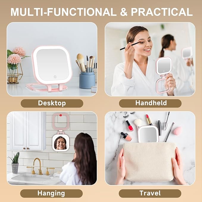 Mocado Compact Travel Makeup Mirror, 1X/20X Magnifying Mirror with Light, Double Sides Compact Mirror with 3 Color Light, Dimmable Handheld Mirror, Rechargeable Travel for Purse,Pocket(Pink)