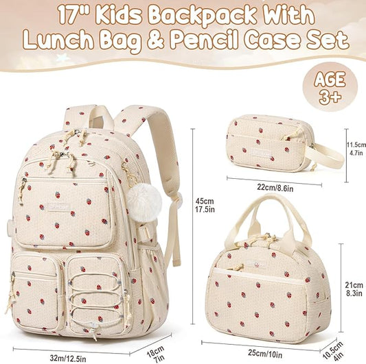 Fimibuke School Backpack for Girls Boys - 3PCS Corduroy Kids Backpack Set with Lunch Box & Pencil Pouch, Lightweight Teen Girls School Bag Laptop Bag Travel Daypack for Elementary Middle High School