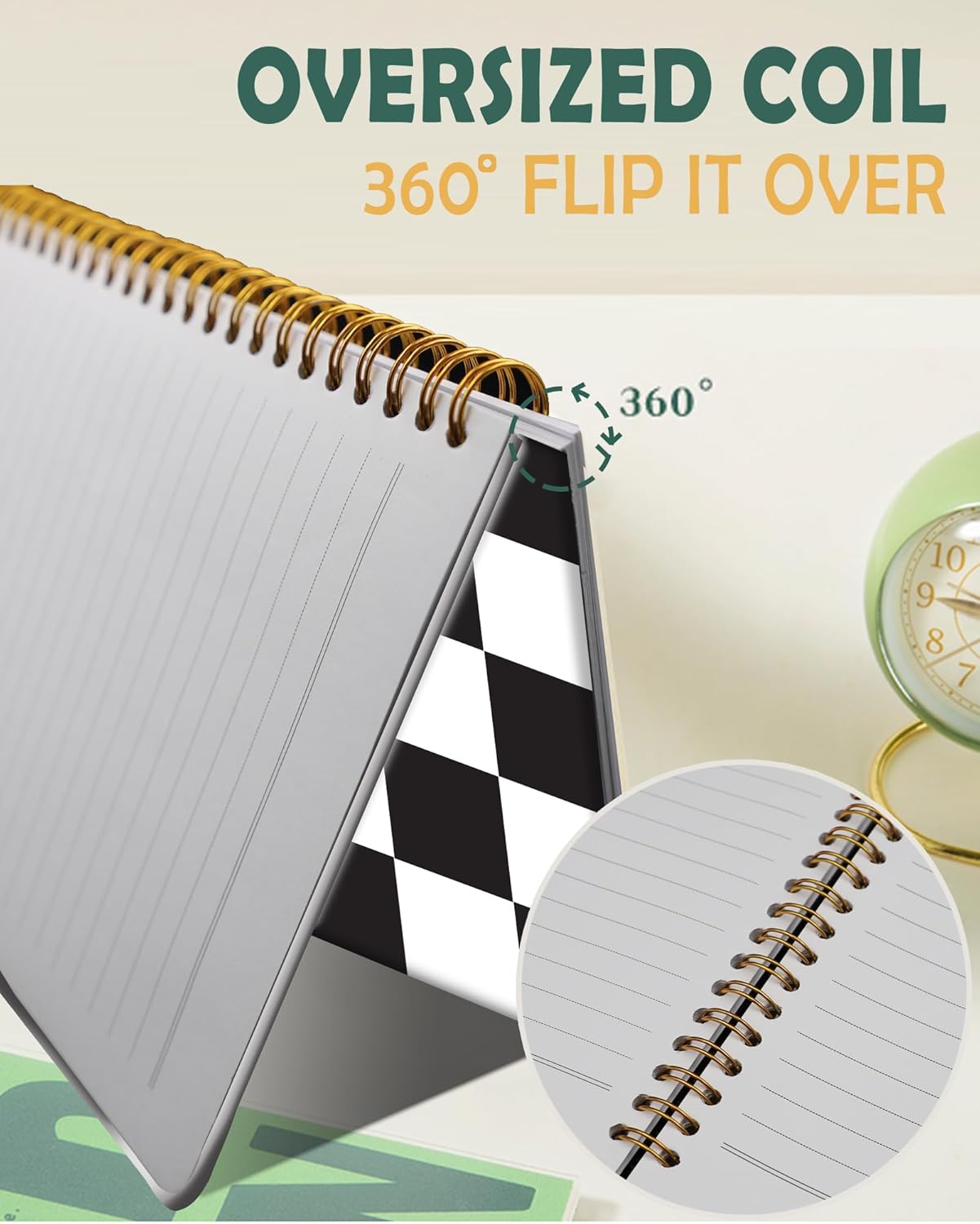 Ruled Spiral Writing Notebook,A5 Hardcover Lined College Journal for Women Lady,Fashion Puppy Watercolor Strong Twin-Wire Binding with Premium Paper,8.4" X 6",Perfect for School,Office,Home Gifts(Black White Checker)