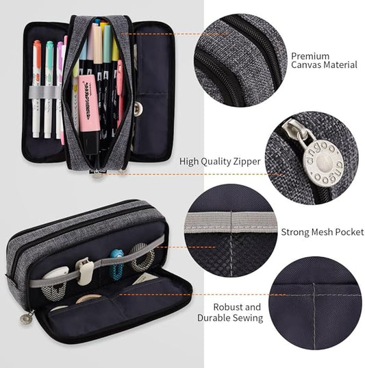 ANGOOBABY Large Pencil Case Big Capacity 3 Compartments Canvas Pencil Pouch for Teen Boys Girls School Students (Black)