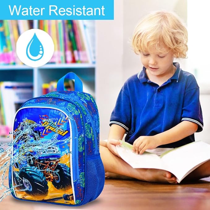 KLFVB Boys Toddler Truck Backpack, Water Resistant Kindergarten Bookbag, 13" Preschool Backpacks for Toddler - Truck Blue