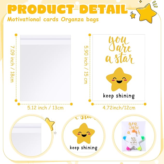 12 Sets Back to School Gifts for Students Star Highlighters with You're a Star Cards Gift Bags 5 in 1 Fluorescent Pens Affirmation Gifts for First Day of School Party Favor (Shining)