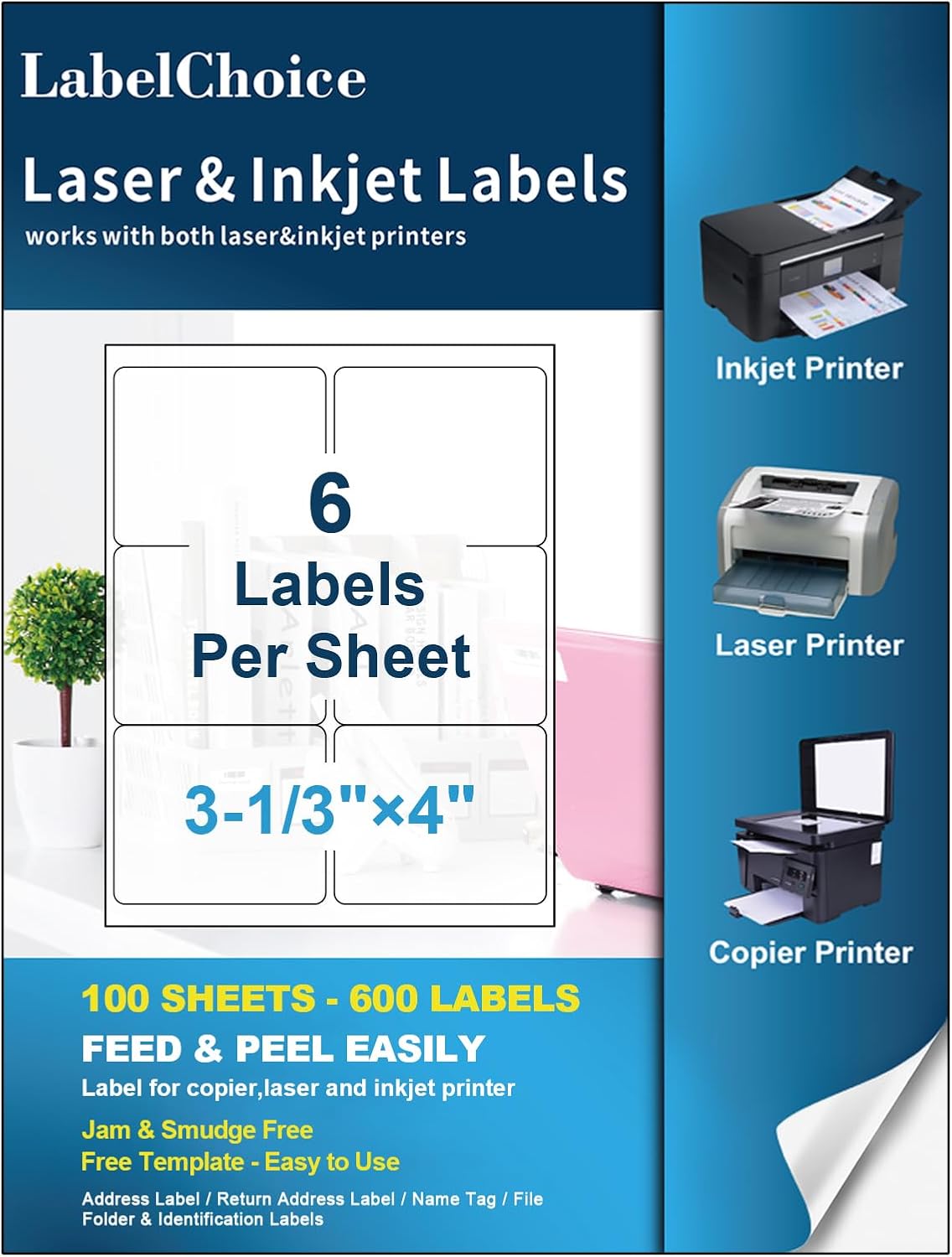 100 Sheets 600 Pcs 3-1/3 x 4 6 Up Shipping Address Labels for Laser & Inkjet Printers, 3-1/3" x 4" 6 per Sheet Shipping Mailing Stickers, 6 Labels per Page
