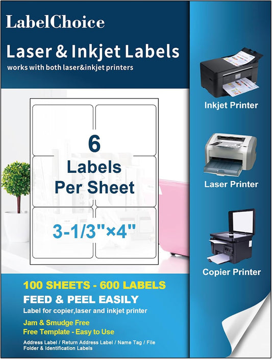 100 Sheets 600 Pcs 3-1/3 x 4 6 Up Shipping Address Labels for Laser & Inkjet Printers, 3-1/3" x 4" 6 per Sheet Shipping Mailing Stickers, 6 Labels per Page