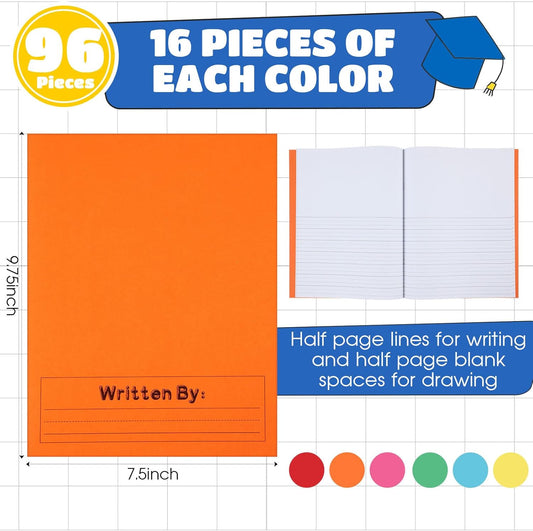 Henoyso 96 Pcs Primary Composition Notebook K-2 9 3/4 x 7 1/2 Inch Primary Journal, Back to School Supplies, Bulk Blank Writing Book for Kid to Write Draw Journal 60 Page Notebooks (Colorful)