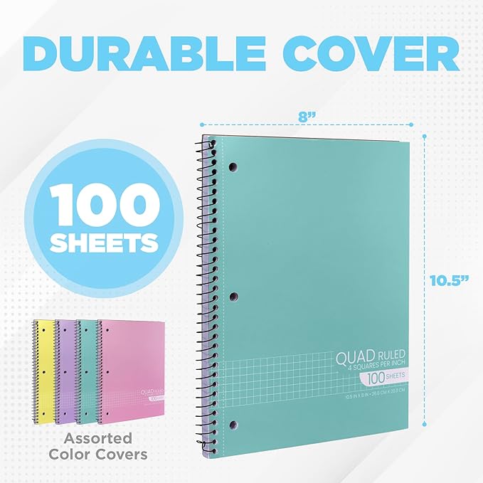 Manaloom Graph Paper Notebook Bright Colors, Quad Ruled Grid spiral Notebooks, 10.5 x 8 in, 100 Sheets, Perforated – Math, STEM, Class Notes, School & College Use – Assorted Colors, 4 Pack