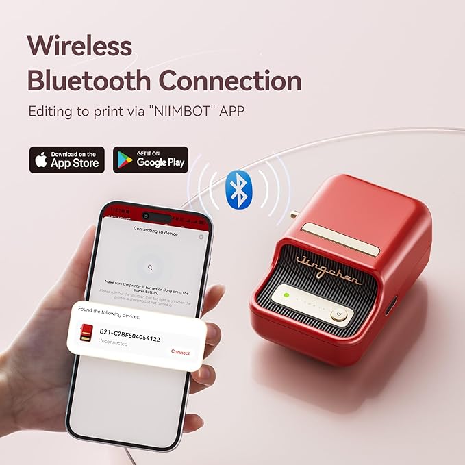 NIIMBOT B21 Label Maker Machine with Tape 2Inch Portable Sticker Printer Thermal Labeler for Jar Price Address Label for Business Home Office Organization, Red