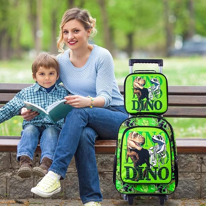 CCJPX 3PCS Dinosaur Kids Rolling Backpack Boys, School Bookbag with Wheels, Travel Roller Wheeled Backpacks for Toddler Elementary-Green