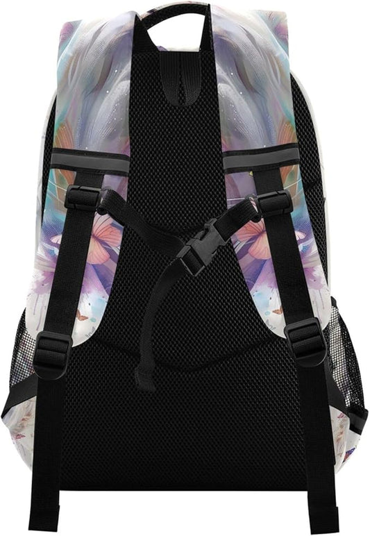White Horse Butterfly Backpack for Girls Boys Elementary School Bag Kids Bookbag Travel Rucksack