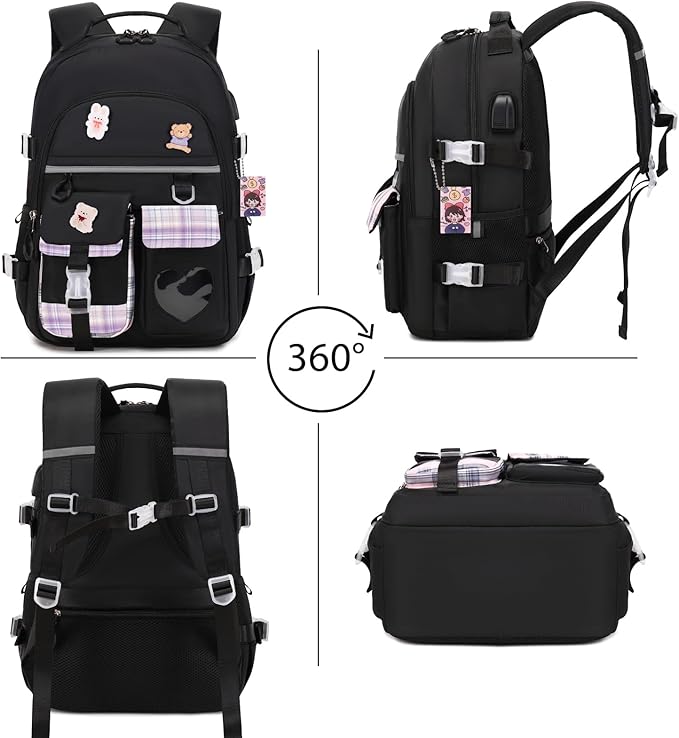 Backpack for Girls - Bookbag Backpacks Schoolbag for Girls Kids Teen Women Casual Travel Daypacks - School Bag Elementary Middle School College Cute Backpack with Lunch Box (Black Purple)