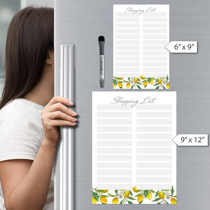 Dry Erase Shopping List Vinyl Sticker Decal Whiteboard by Glassboard Studio | Removable & Reusable | Magnetic Fine-Tip Marker Included (6 x 9 inches, Lemon Fresh)
