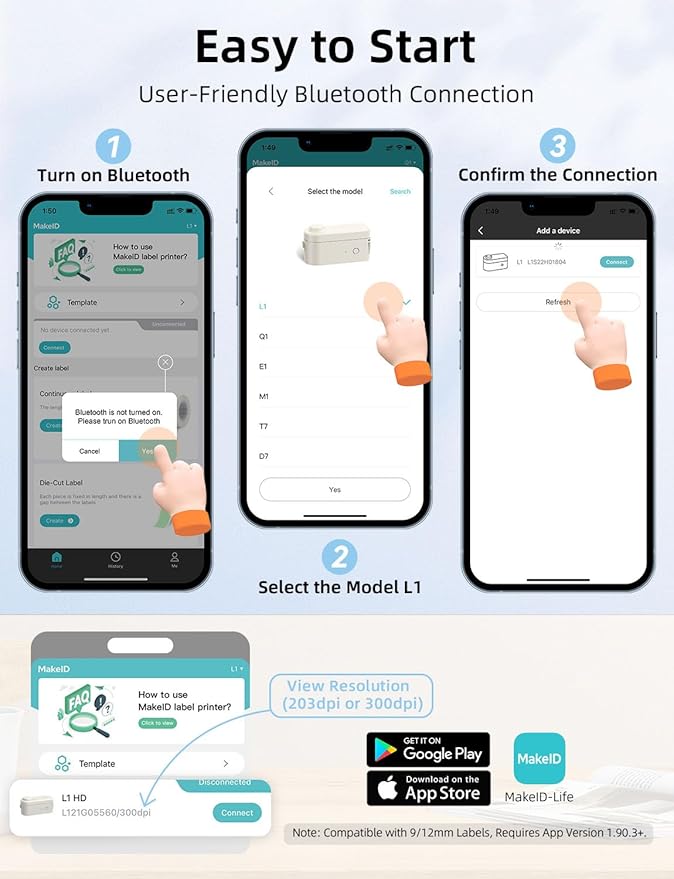 MakeID Label Maker Machine with Tape - Compatible with 9/12/16mm Waterproof Tape, Portable & Rechargeable Label Makers with Built-in Cutter Wireless Label Printer Compatible with Android & iOS Devices