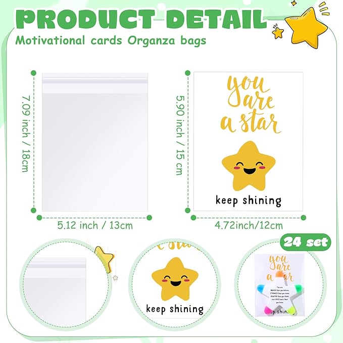 24 Sets Back to School Gifts for Students Star Highlighters with You're a Star Cards Gift Bags 5 in 1 Fluorescent Pens Affirmation Gifts for First Day of School Party Favor (Stronger)