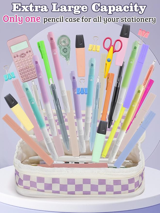 Large Capacity Pencil Case for Teens Girls - Cute Checkerboard Pencil Pouch with Zipper, Stationery Bag Box for Student Back to School Gifts, Purple