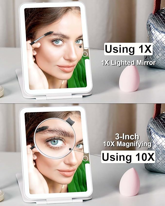Rechargeable Travel Makeup Mirror with Lights, Portable Lighted Regular Mirror with Small 10X Magnification, 70 LEDs 3 Color Dimmable, Tabletop Folding Compact Cosmetic Mirror