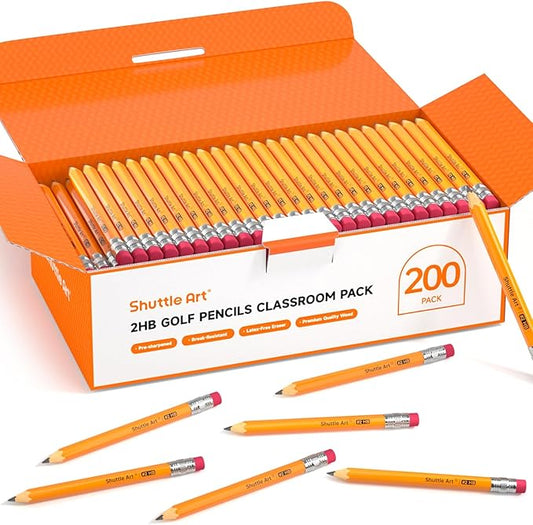 Shuttle Art 200 Pack Golf Pencils With Erasers, #2 HB Pencils Bulk, 3.5” Mini Pencil, Pre-Sharpened Small Pencil for Kids Teachers Classroom Games, Back to School Supplies