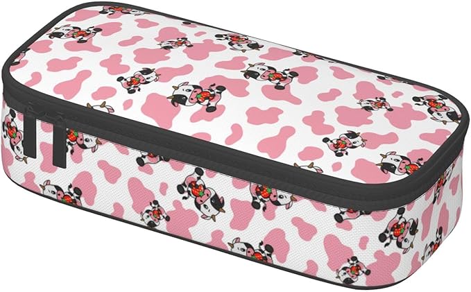 Pink Cows Strawberry Print Large Pencil Case With Zipper Compartments Stationery Pencil Bag For Kids Teens Students School Supplies