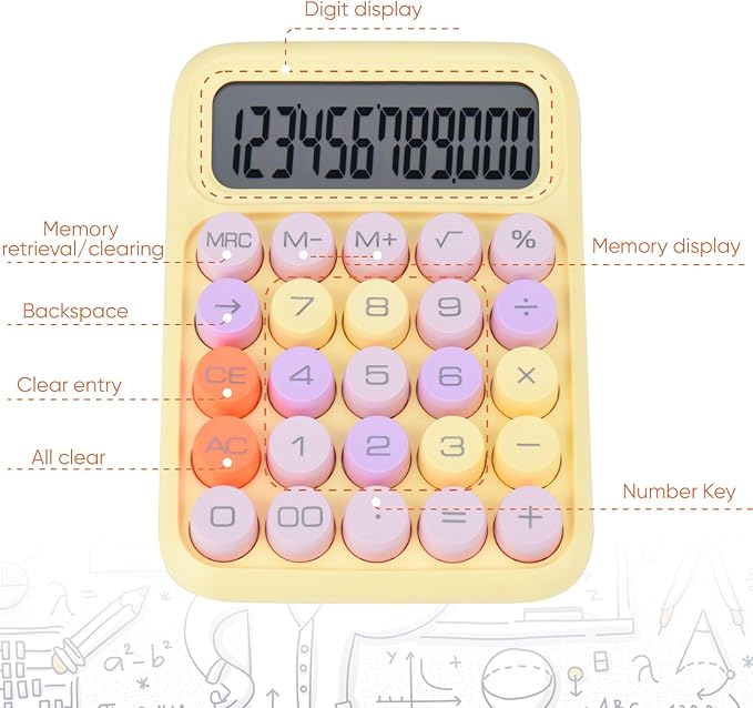 Mechanical Pushbutton Calculator,12 Digit Large LCD Display,Big Buttons Easy to Press,Colorful Candy Calculator,Automatic Sleep,with Battery.for Office,School, Home. (Yellow)