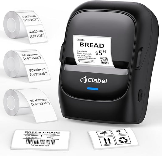 CLABEL Thermal Label Maker Machine: 221B Bluetooth Label Maker Machine with Tape Mini Sticker Printer Barcode Printer Compatible with Smartphone with 3 Roll 40x30mm,50x30mm,50x80mm Label (Black)