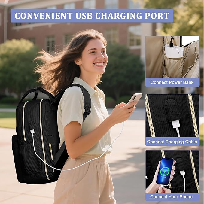 School Backpack for Girls Laptop Bookbag: Casual Corduroy Women Backpacks with USB Charging Port TSA Friendly Travel Back Pack with Anti-Theft Pockets Cute College Daypack for Teen Students Black