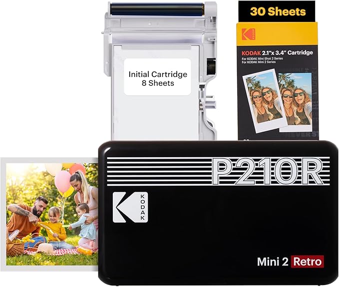 KODAK Mini 2 Retro 4PASS Portable Photo Printer (2.1x3.4 inches) Initial 8 Sheets + 30 Sheets Bundle, Black
