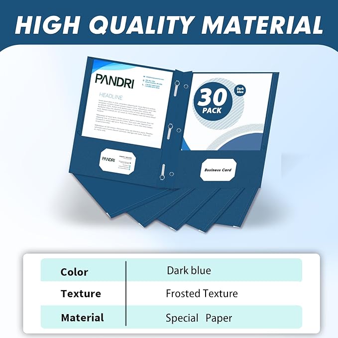 Two Pocket Folders, PANDRI 30 Pack Two Pocket Folders with Prongs, 3 Prong Folders Designed for Office and Classroom, Letter Size Darkblue