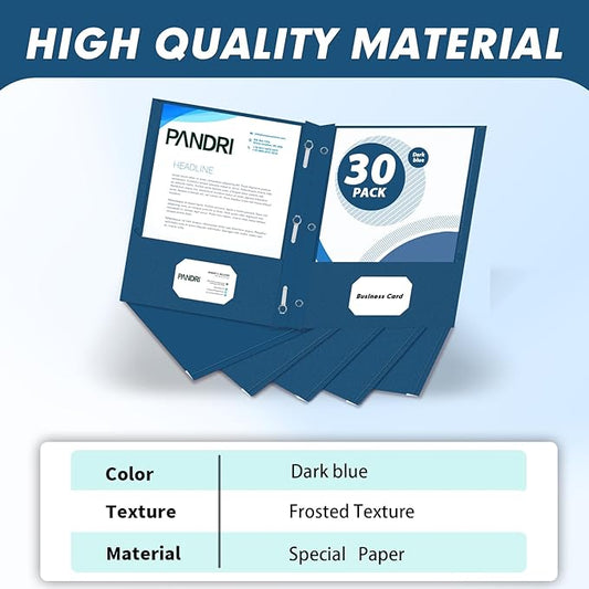Two Pocket Folders, PANDRI 30 Pack Two Pocket Folders with Prongs, 3 Prong Folders Designed for Office and Classroom, Letter Size Darkblue