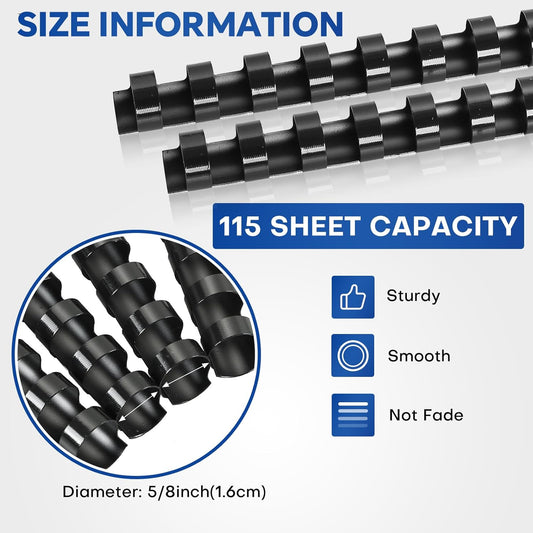 MYFULLY 100 Pack 21 Ring Plastic Comb Binding Spines | 5/8 Inch Diameter, 115 Sheet Capacity, A4, Black Binding Comb (5/8"(115 Sheet Capacity))