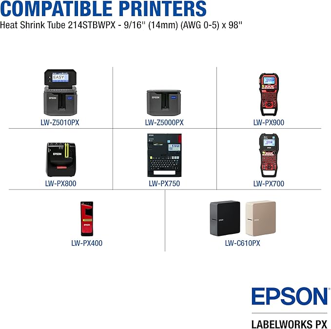 Epson LABELWORKS 214STBWPX Genuine Tape Cartridge - Black on White Shrink Tube Industrial Label Maker Tape - AWG 0-5, 9/16" (14MM) Wide, 8 ft (96")