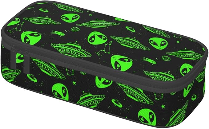 Green Ufo Alien Star Large Pencil Case With Zipper Compartments Stationery Pencil Bag For Kids Teens Students School Supplies
