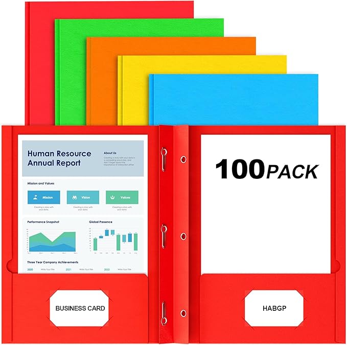 HABGP 100 Pack Two Pocket Folder with Prongs, Paper Folders with Pockets and Business Card Holder, Folders with Pocket Fit Letter Size, Organizing Papers in School, Office & Business 5 Color 20 Set