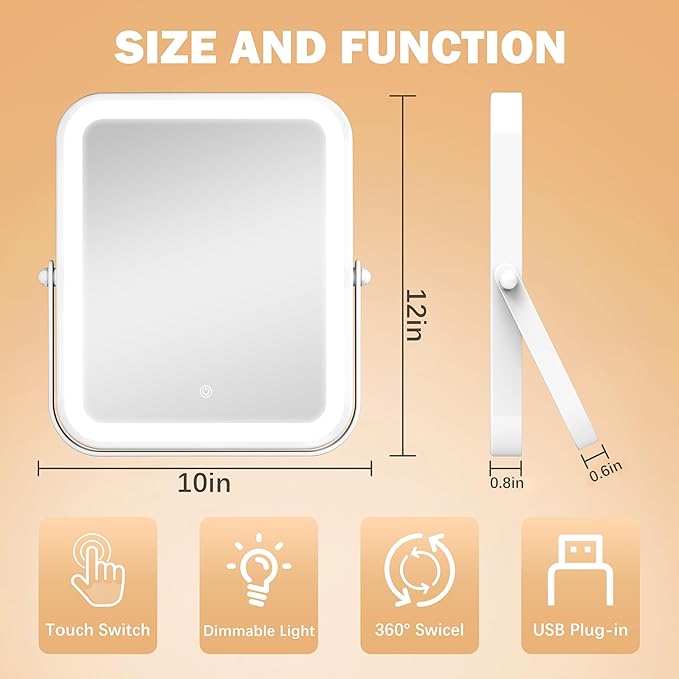 Home Mirror, 10x12 inches Lighted Vanity Makeup Mirror, Dimmable Touch Screen, Tabletop Mount, USB Plug-in, Adjustable, Portable