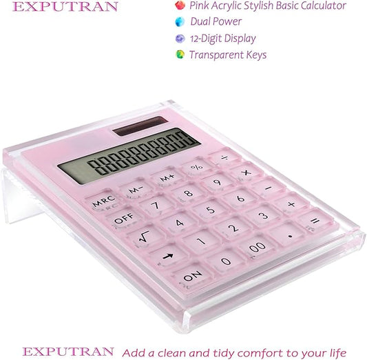 Acrylic Calculator with Stand, Battery and Solar Hybrid Powered Basic Calculator 12-Digit LCD Display,Home Office Desktop Accessories(Pink)