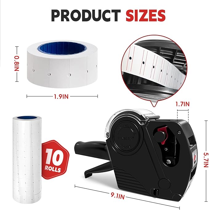 1 Line Price Gun & 8 Characters Price Tag Gun Black Pricing Gun Kit – Includes 5,000 Blank White Price Labels, 2 Ink Rollers, 1 Ink roll pre-Loaded