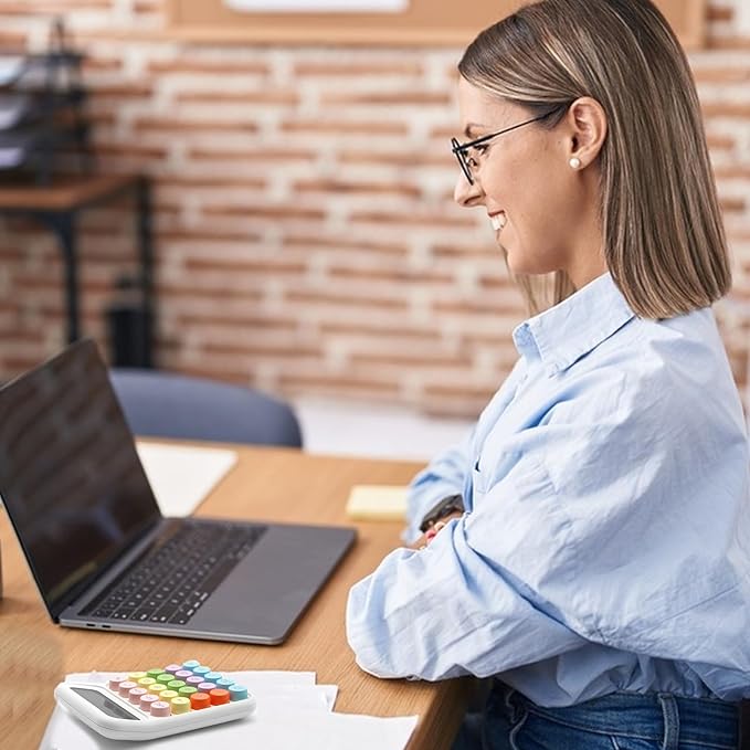 Standard Calculator - Colorful White with 12 Digit Display and Big Buttons, Cute Office and School Accessory